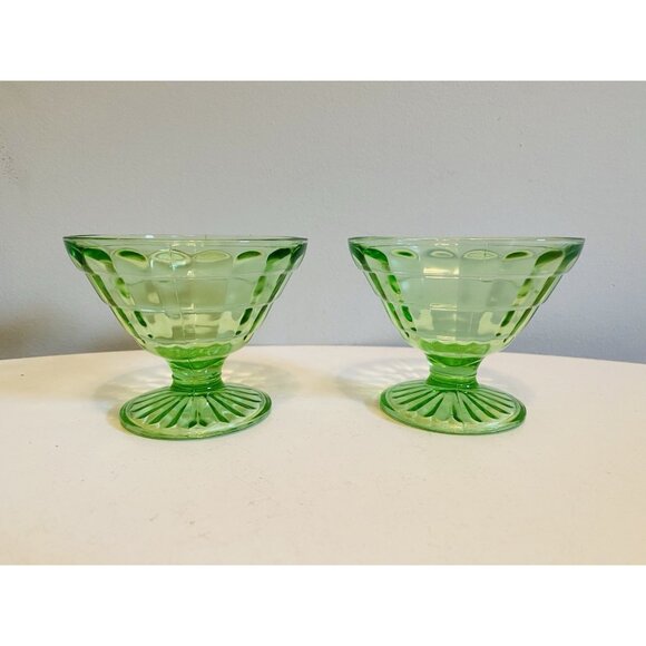 Anchor Hocking Block Optic Sherbet Dish x 2 Uranium Glass Vaseline Dish - Picture 5 of 10